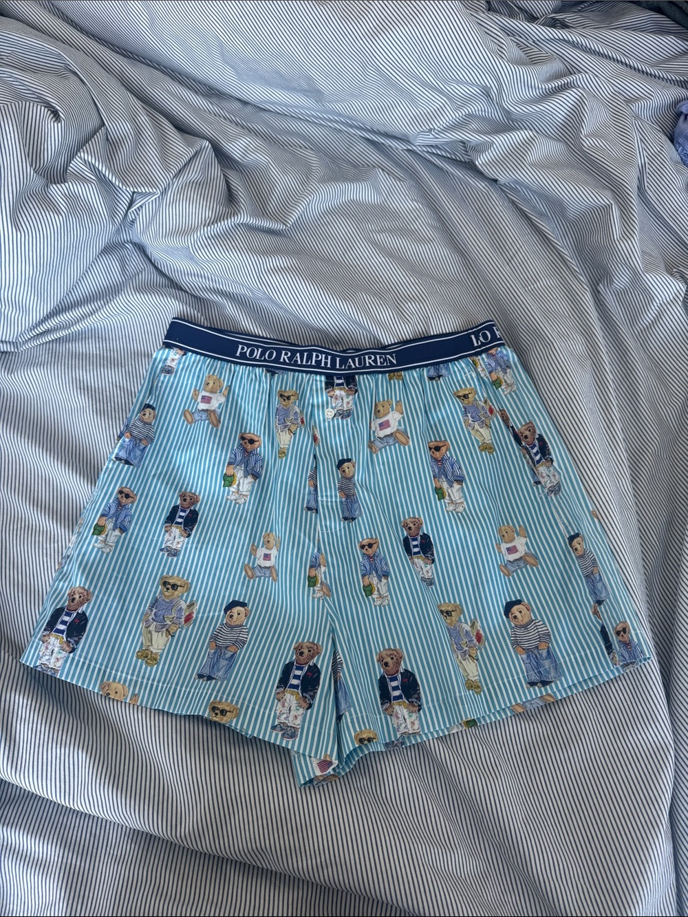 NWT Polo by Ralph Lauren Light Blue Striped Boxer Shorts with Bear Print